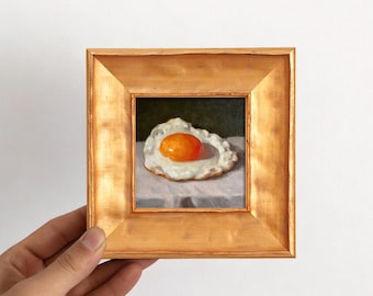 Pintura de huevo, naturaleza muerta, pintura al óleo enmarcada, decoración de pared de cocina vintage original, arte de pared de comida texturizada, obra de arte de desayuno inglés