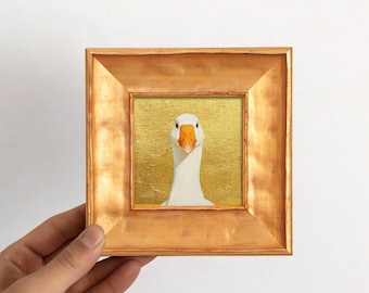 Goose Gold Leaf Original Mini Oil Painting, Tiny Framed Cottage Bird Wall Decor