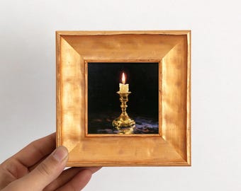 Gouden kaarsenhouder origineel klein olieverfschilderij, handgeschilderd humeurig vintage stilleven kunst aan de muur