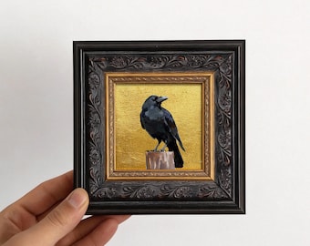 Gold Foil Oil Painting,original oil painting,Small Framed Original Art, 4x4 inch Canvas Artwork, Gift for Friends,Easter gifts for him, Crow