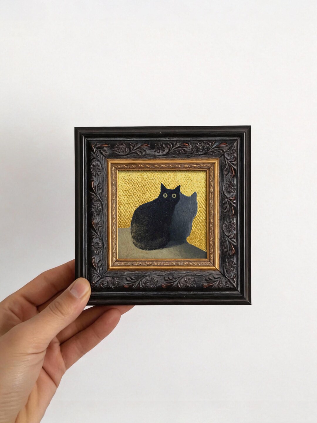 Gold Leaf Cat Original Mini Oil Painting, Tiny Framed Pet Portrait Wall ...