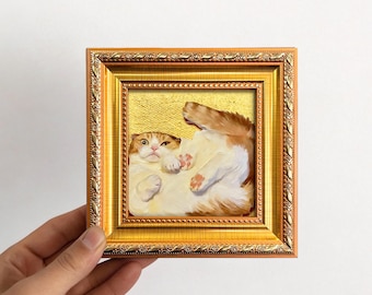 Gold Foil Cat Original Mini Oil Painting, Tiny Framed Pet Portrait Wall Art