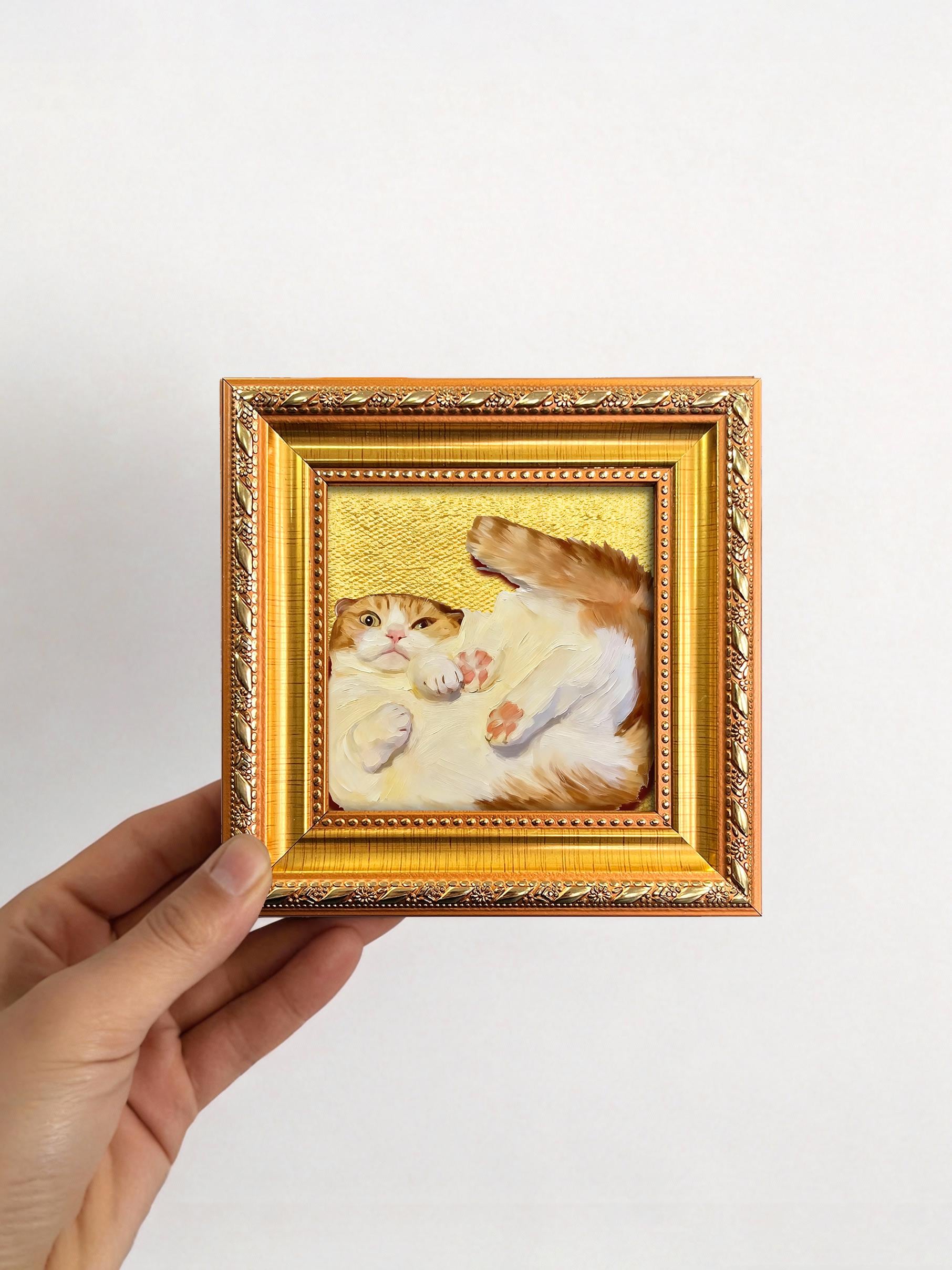 Gold Foil Cat Original Mini Oil Painting, Tiny Framed Pet Portrait Wall ...