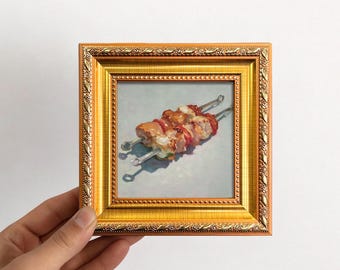 Miniatur-Ölgemälde Fleischspieße Kebab Winzige gerahmte Kunst Original Essen Stillleben kleines Gold gerahmtes Kunst Küche Dekor Einzigartiges Foodie Geschenk