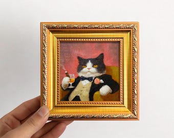 Gold Foil Cat Original Mini Oil Painting, Tiny Framed Pet Portrait Wall ...