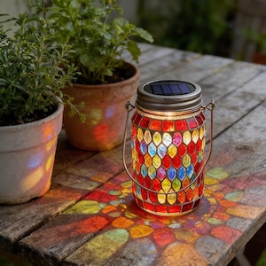 Può includere: Una colorata lanterna solare a mosaico con manico è appoggiata su un tavolo di legno. Il vetro della lanterna è un mix di rosso, giallo, blu e verde. La luce proietta un motivo colorato sul tavolo. Due piante in vaso sono sullo sfondo.