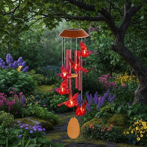 May include: A red bird wind chime with solar-powered lights hangs in a garden. The chime features six red bird ornaments, metal tubes, and a wooden base. The garden has lush greenery and colorful flowers.