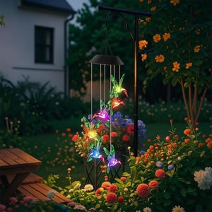 May include: A solar-powered hummingbird wind chime with colour-changing LED lights hangs in a garden. The black metal chime features six hummingbirds with green, red, purple, and blue lights. The garden has flowers and a wooden bench.