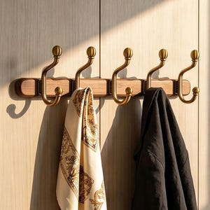 Puede incluir: Un perchero de pared con una base de madera horizontal y cinco ganchos de metal en tono latón. Cada gancho tiene un diseño curvo con un remate esférico en la parte superior e inferior. Una bufanda color crema con patrones y una chaqueta negra cuelgan.
