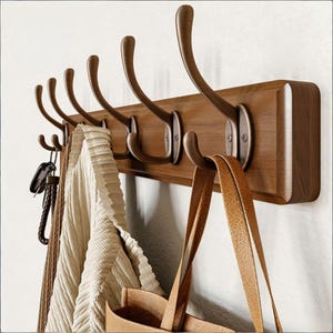 Wood Wall Coat Rack, Double Hook Entryway Hanger, Vintage Walnut Wooden Hook Rail for Bags Hats Keys, Heavy Duty Wall Mount Clothes Hooks
