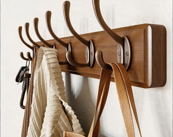 Wooden wall-mounted coat rack, vintage walnut-colored hooks, suitable for hanging bags, hats, and keys; heavy-duty wall-mounted coat hooks.