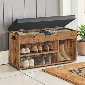 Rustic Entryway Storage Bench – Padded Seat, Hidden Storage, Shoe Organizer