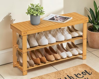 Bamboo Shoe Rack Bench – 3-Tier Entryway Organizer, Natural Wood Seat, Minimalist Hallway Storage