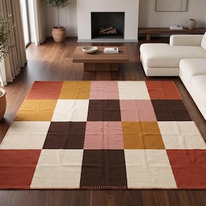 Geometrischer Farbblock-Teppich | Patchwork-Wollteppich (Flachgewebe)