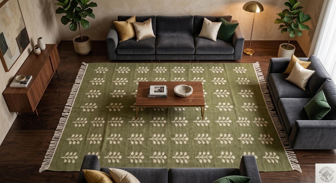 Leafy Handmade Rug Handmade Olive Green Botanical Leaf Rug | Boho Kilim Flatweave Wool ...