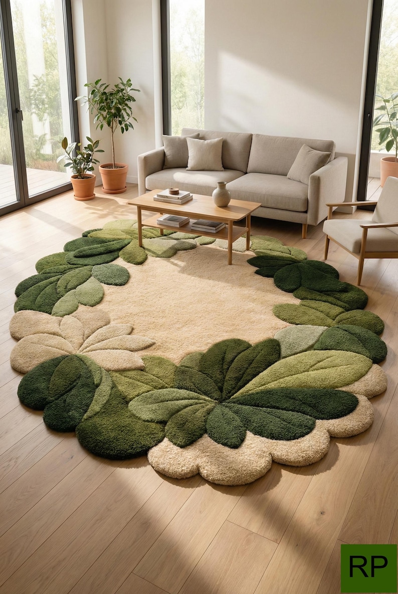 Round Area Rug Botanical Leaf Wreath Hand Tufted Living Room Nursery ...