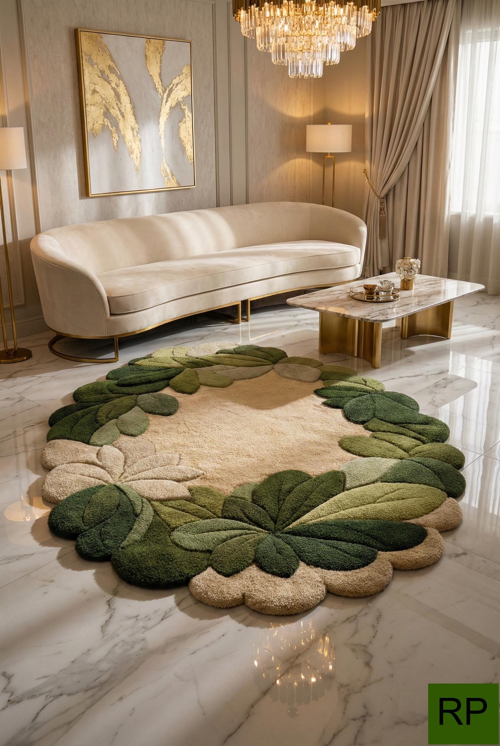 Round Area Rug Botanical Leaf Wreath Hand Tufted Living Room Nursery ...