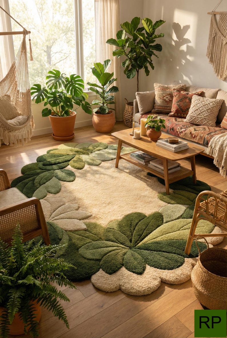 Round Area Rug Botanical Leaf Wreath Hand Tufted Living Room Nursery ...
