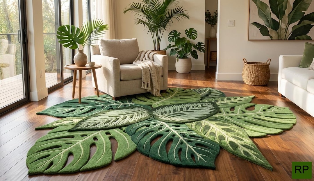 Large Monstera Leaf Rug | Tropical Green Home Decor - Etsy