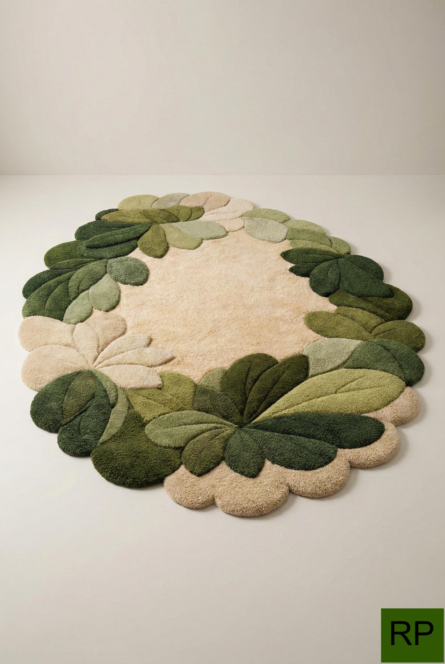 Leafy Handmade Rug Round Area Rug Botanical Leaf Wreath Hand Tufted Living Room Nursery ...