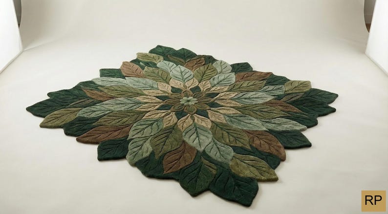 Earth Tone Leaf Mandala Rug | Forest Green & Brown Area Rug ...