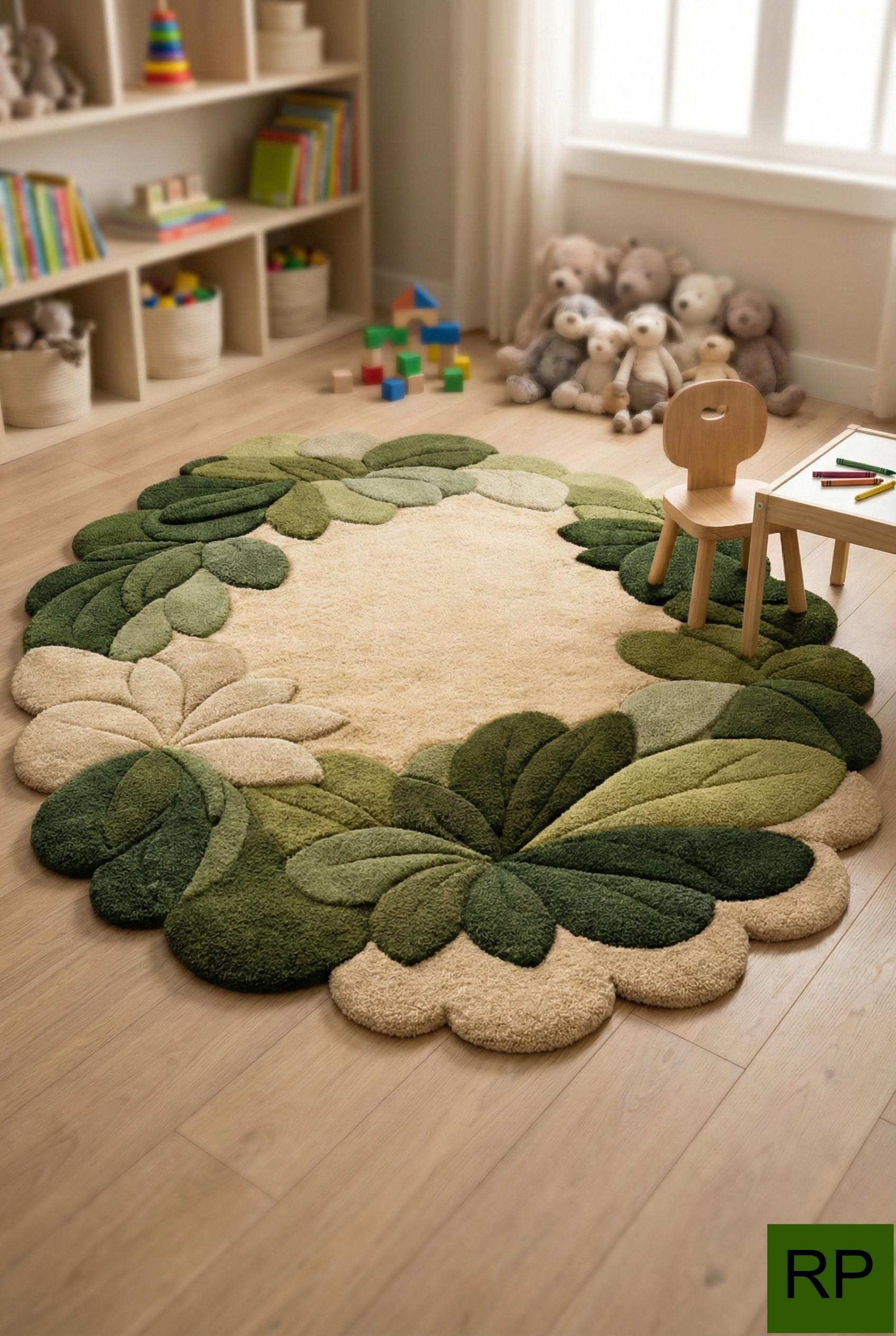 Round Area Rug Botanical Leaf Wreath Hand Tufted Living Room Nursery ...