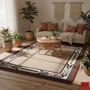 May include: A rectangular area rug with a beige center and a geometric border in shades of red, black, gray, and beige. The rug is placed on a hardwood floor in a living room setting, with a rattan coffee table and a beige sofa.