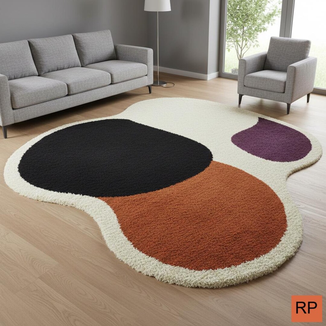 Modern Abstract Hand Tufted Rug, Irregular Wavy Area Rug, Color Block ...