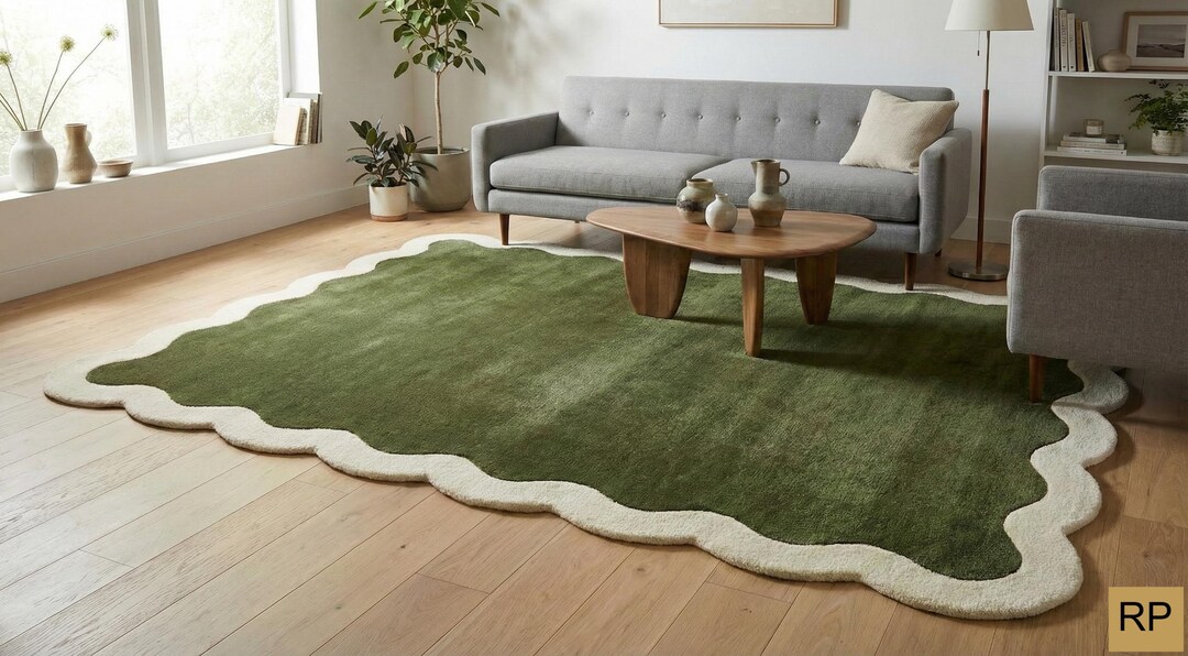 Hand Tufted Olive Green Scalloped Wool Rug | Wavy Border Area Carpet - Etsy