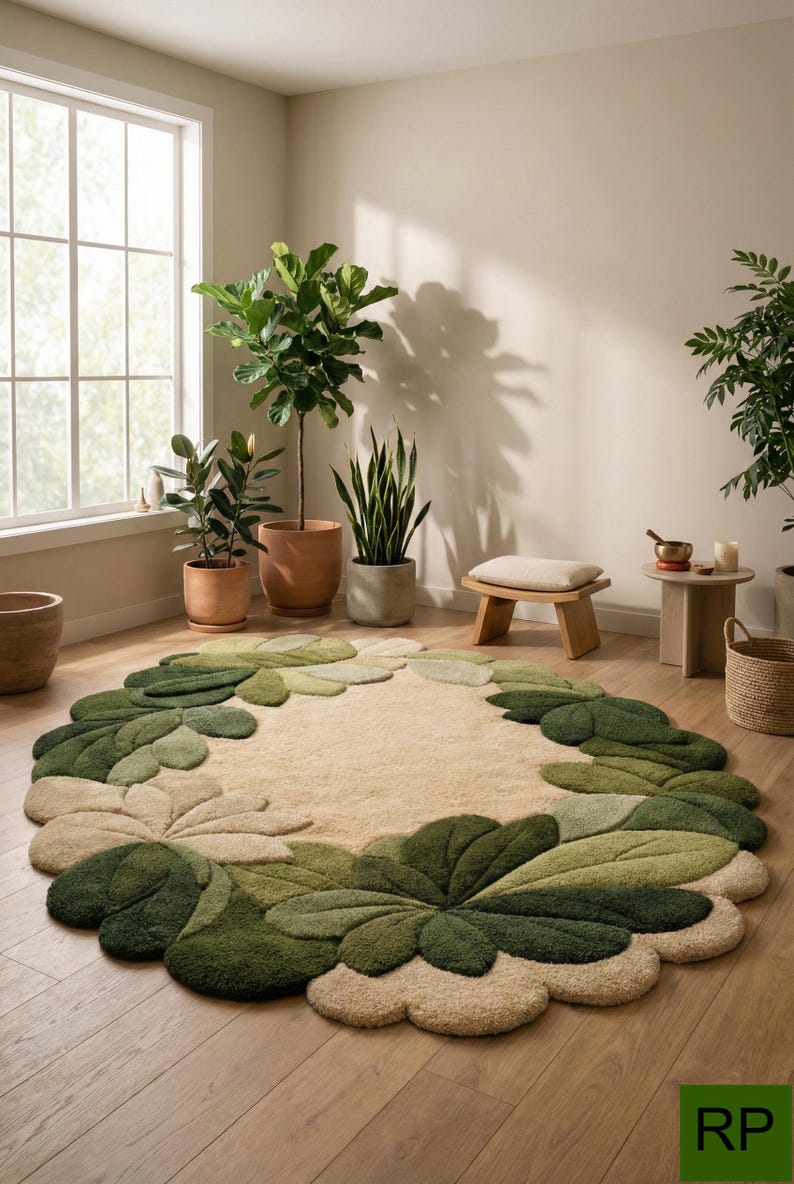 Round Area Rug Botanical Leaf Wreath Hand Tufted Living Room Nursery ...