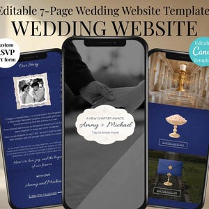 Navy Blue Wedding Website Template with RSVP: Classic Luxury Digital Invitation | Editable Canva Design