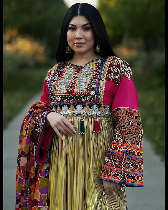 Afghan Embroidered Mirror Work Dress | Pink & Gold Festival Outfit | Cultural Wedding And Party Wear Afghan Embroidered Mirror Work Dress | Pink & Gold Festival Outfit | Cultural Wedding And Party Wear
