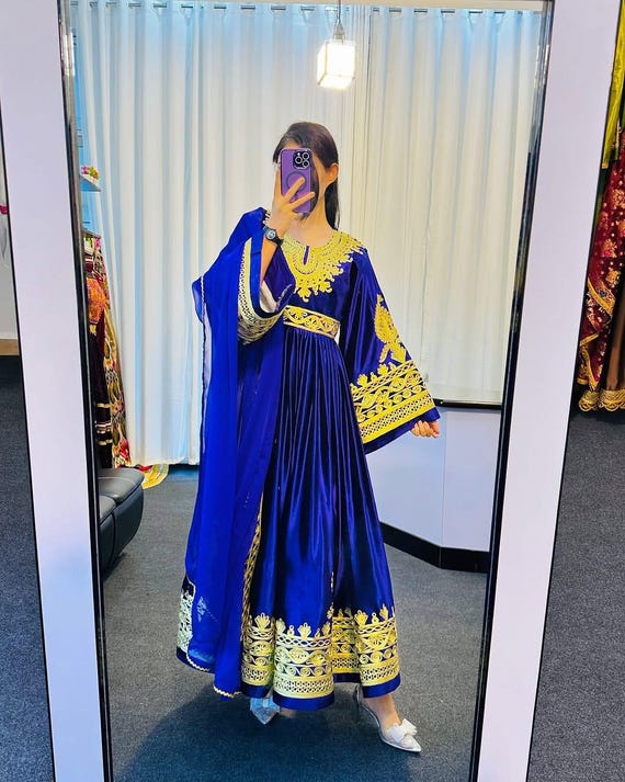 blue afghani dress Royal Blue Afghan Dress: Gold Embroidery, Jewelry Set