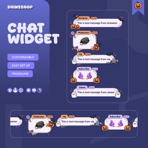 May include: A digital chat widget overlay featuring a Halloween theme with purple backgrounds, pumpkins, ghosts, bats, and spiderwebs. The interface displays labels for Streamer, Moderator, Vip, Subscriber, and Viewer with text boxes and pronoun tags.