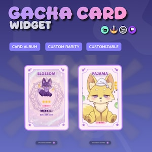 May include: A Gacha Card Widget digital display featuring two rectangular cards on a purple background. The left card shows a purple fox character labeled Blossom and Merrili. The right card shows a yellow fox character in a nightcap labeled Pajama.