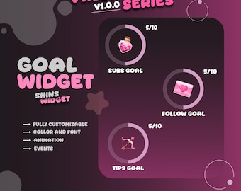 May include: A Valentine-themed goal widget graphic with pink and purple elements. The design includes icons for subs, follows, and tips, each with a progress bar. Text includes "Goal Widget" and "Valentine V1.0.0 Series."