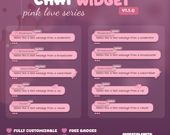 TwitchとYouTube用のピンクのラブチャットウィジェット – StreamElement、代名詞、バッジ（デジタルダウンロード）（v1.1.0）