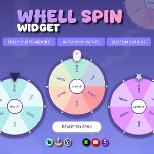 以下が含まれることがあります： 3つのカラフルなスピンホイールを備えた「WHELL SPIN WIDGET」のデジタルグラフィック。各ホイールには、「Smile」、「Gift」、「Dance」、「Hug」、「Candy」、「Meow」などのラベルが付いたセグメントがあります。画像には、「Fully Customizable」、「Auto Spin Events」、「Custom Sounds」というテキストも含まれています。
