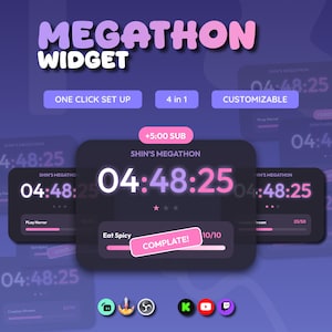 Op de afbeelding: Een digitale afbeelding voor een "MEGATHON WIDGET" met een donkerpaarse achtergrond. De widget toont een timer met de tekst "04:48:25" in wit en roze. Extra tekst bevat "ONE CLICK SET UP", "4 in 1" en "CUSTOMIZABLE".