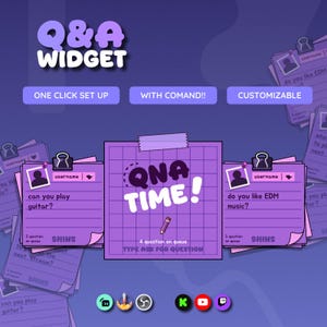 Può includere: Una grafica widget Q&A viola per lo streaming con design di foglietti adesivi e testo che include Q&A WIDGET, ONE CLICK SET UP, WITH COMAND!!, CUSTOMIZABLE, QNA TIME!, can you play guitar?, do you like EDM music?, e 4 question on queue.