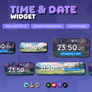 Datum- och tidswidget för streamers | Streamelement och OBS, Anpassa (digital nedladdning) | V1.0.0