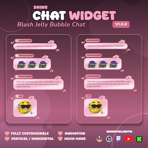 Op de afbeelding: Roze afbeelding die een "Chat Widget" promoot met de tekst "Blush Jelly Bubble Chat". Het ontwerp bevat mock-up chatbubbels met tekst en emoji's, en de woorden "Volledig aanpasbaar" en "Animatie".