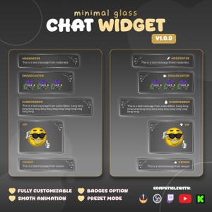 May include: A digital chat widget interface design with a dark grey and gold colour scheme. The design showcases sections for moderator, broadcaster, subscriber, VIP, and viewer messages, with text and emoji icons. The text "CHAT WIDGET" is displayed in white.