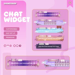 Peut inclure: Un ensemble de widgets de chat numériques avec des barres rectangulaires roses, violettes et bleues ornées de fleurs de cerisier. Chaque barre affiche des étiquettes comme VIP, Broadcaster, Moderator, Subscriber et Viewer avec le texte heloo.