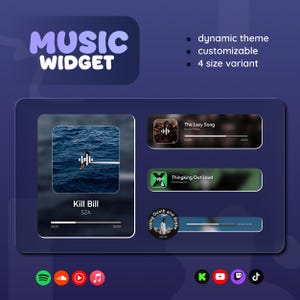 May include: A digital music widget design with a dark blue background. The widget displays song information, including album art and progress bars. Text includes "MUSIC WIDGET," "dynamic theme," "customizable," and "4 size variant."