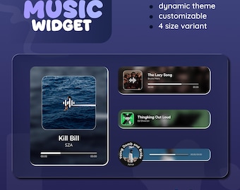 May include: A digital music widget design with a dark blue background. The widget displays song information, including album art and progress bars. Text includes "MUSIC WIDGET," "dynamic theme," "customizable," and "4 size variant."