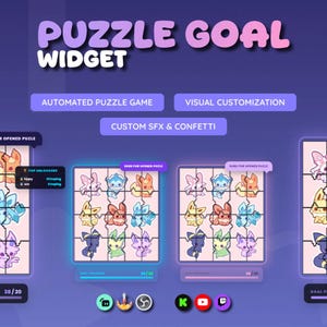 May include: A digital puzzle goal widget interface featuring the text PUZZLE GOAL WIDGET, AUTOMATED PUZZLE GAME, VISUAL CUSTOMISATION, and CUSTOM SFX & CONFETTI. The display shows multiple grid-based puzzles with cartoon creature illustrations.