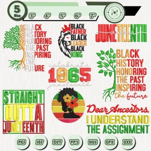 Puede incluir: Una colección de diseños de bordado con temática de Juneteenth que incluyen texto y gráficos en rojo, amarillo, verde y negro. Los diseños incluyen árboles, un león, una silueta con flores y frases como Black History, 1865 y Straight Outta Juneteenth.