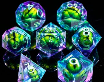 Green Dragon Eye-tärningar, handgjorda tärningar med skarp kant och harts för DnD, RPG, bordsspel, DND-spelarens gåva, D20-tärningsset, flytande kärntärningsset