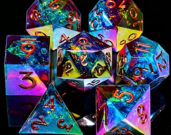 Handgemaakte geplateerde hars scherpe rand dobbelstenen set voor DnD, D&D, Dungeons and Dragons, RPG-dobbelstenen, galvaniseren glanzende dobbelstenen set, D20 hars dobbelstenen set